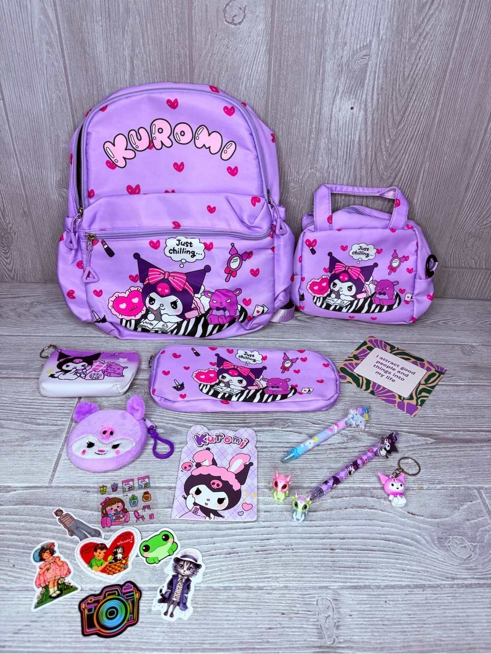 My melody backpack bundle croc charms keychain stickers pens dragons and more